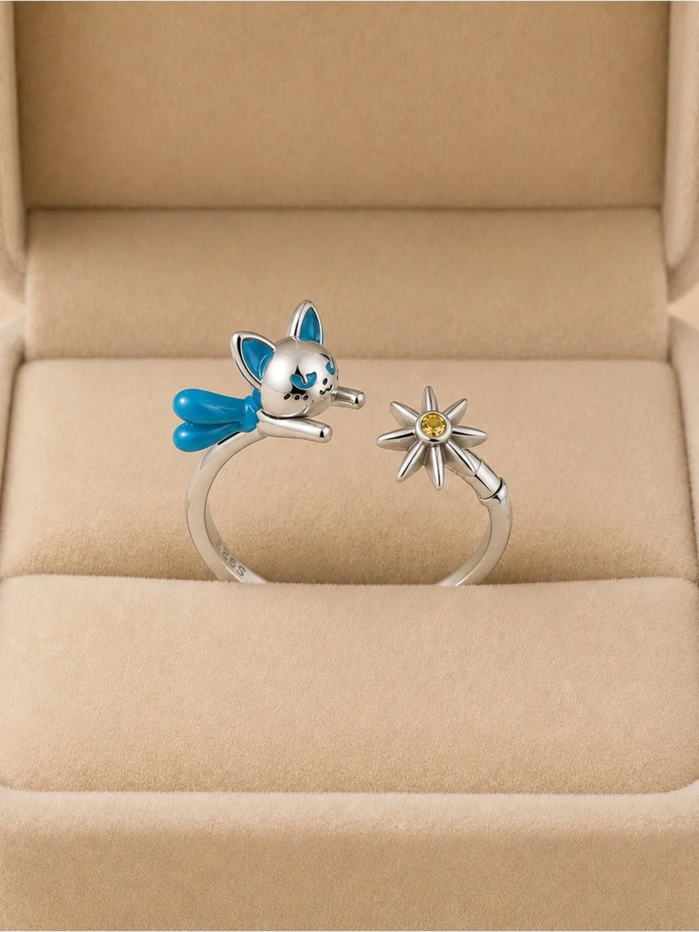 Sterling Silver Cat Wand Ring with Teal Enamel Details